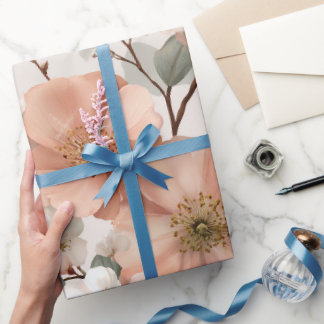 Romantic Soft Peach Flower White Floral Pattern Wrapping Paper