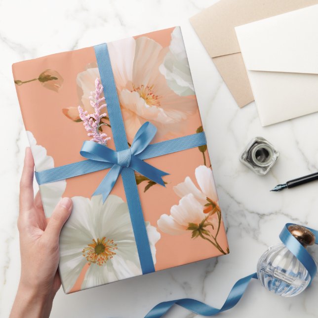Romantic Soft Peach Flower White Floral Pattern Wrapping Paper (Gifting)