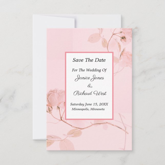 Romantic Soft Pink Rose Bud Wedding  Save The Date (Front)