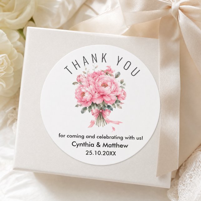 Romantic Soft Pink Thank You Classic Round Sticker (#thankyou #weddingfavor #weddingthankyou #floralweddingthankyou #pinkfloral #watercolorpinkflowers)