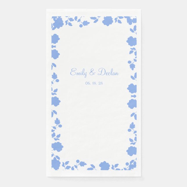 Romantic Soft Pretty Blue Floral Border Wedding Napkin (Front)