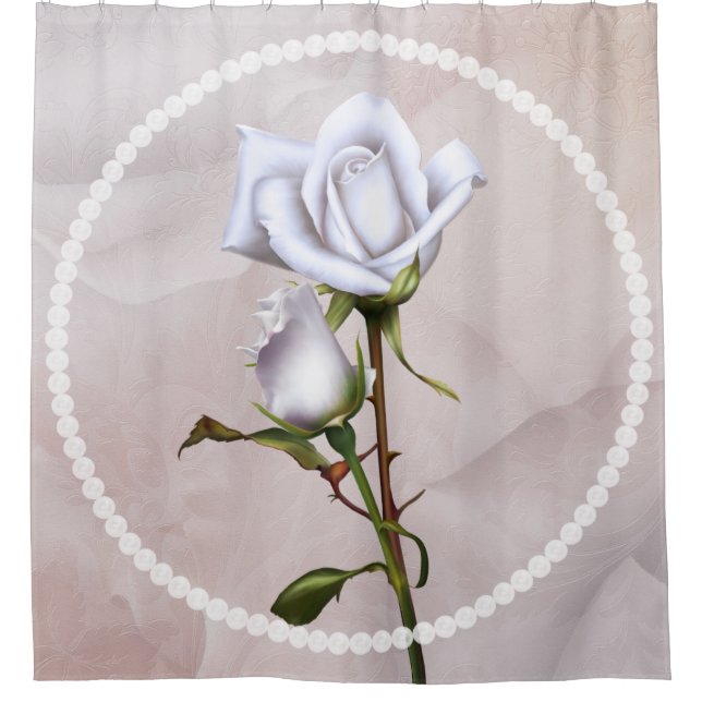 Romantic Soft White Roses Elegant Floral Chic Shower Curtain (Front)