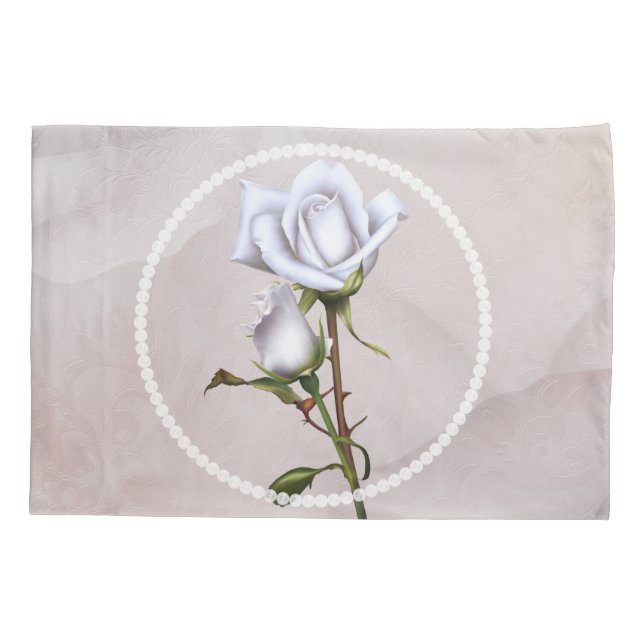 Romantic Soft White Roses Elegant Floral Glam Pillowcase (Back)