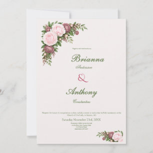 Romantic Soft Wine & Pink Peony Botanical Wedding Invitation