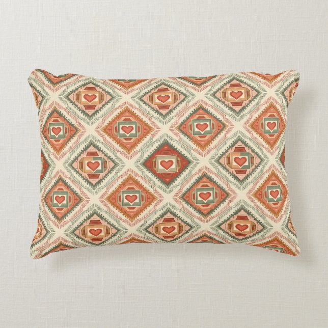 Romantic Southwestern Heart Pattern Peach & Sage Decorative Cushion (Front)