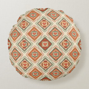 Romantic Southwestern Heart Pattern Peach & Sage Round Cushion
