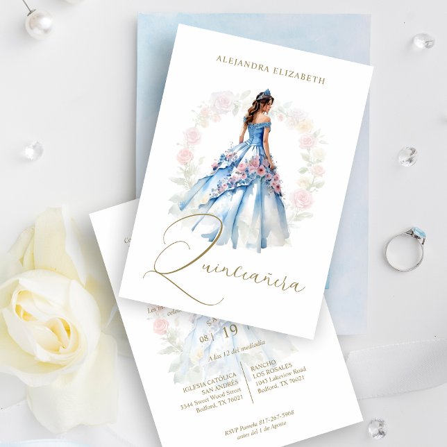 Romantic Spanish Quinceañera in Blue & Pink Shades Invitation (Celebrate the sweetness and elegance of fifteen with our Blue & Pink Toned Quinceañera Invitation! )