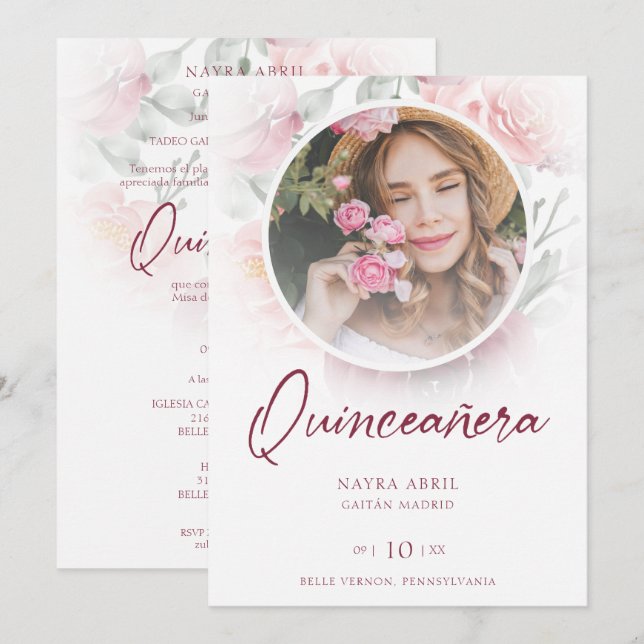 Romantic Spanish Quinceañera Photo Floral in Pink Invitation (Front/Back)