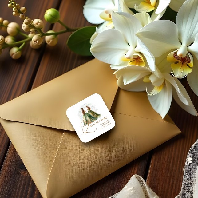 Romantic Spanish Quinceañeras Twins Dolls Green Square Sticker (Romantic Spanish Quinceañeras Twins Dolls in Green and Brown Shades Square Stickers.)