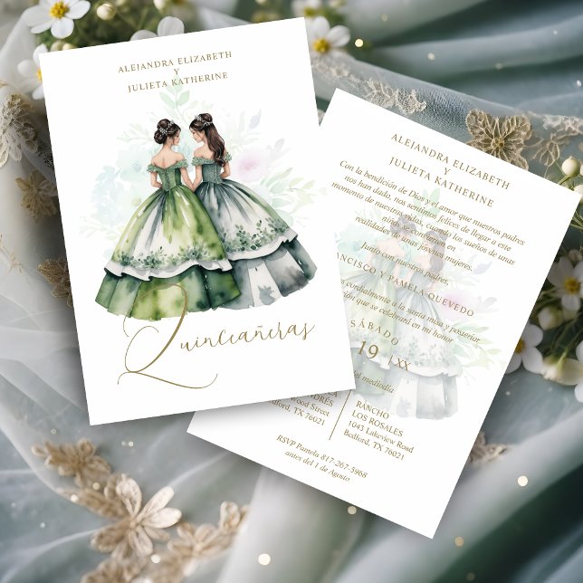 Romantic Spanish Quinceañeras Twins Green Shades Invitation (Romantic Spanish Quinceañeras Twins in Green Shades Invitation Card with Envelope.)