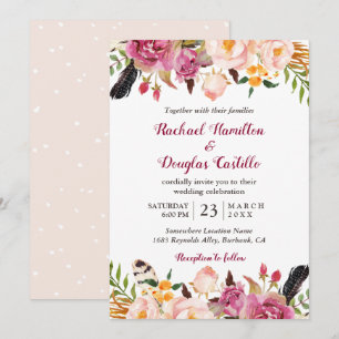 Romantic Spring Boho Floral Feather Wedding Invitation