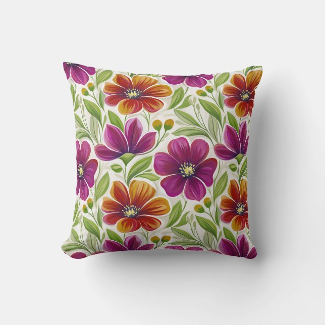 Romantic Spring Floral Magenta & Orange  Cushion (Front)