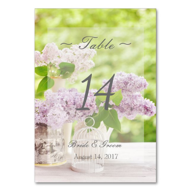 Romantic Spring Flower Lilac Wedding Table Number (Front)