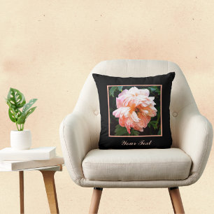 Romantic Spring Peach Peony on Black Personalised  Cushion