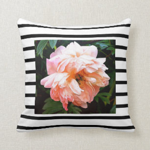 Romantic Spring Peach Peony on Black Stripes Cushion