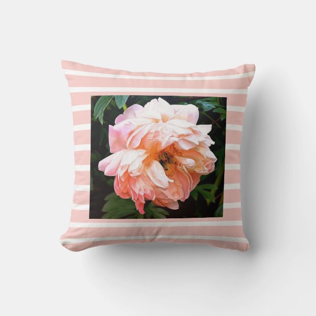 Romantic Spring Peony on Peach Stripes Cushion (Front)