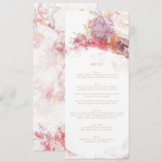 Romantic Spring Pink Flower Wedding Reception Menu Invitation (Front/Back)