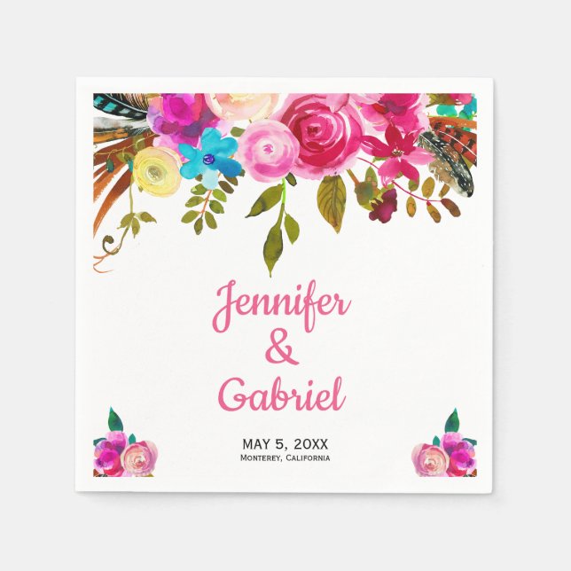 Romantic Spring Pink Watercolor Floral Wedding Napkin (Front)