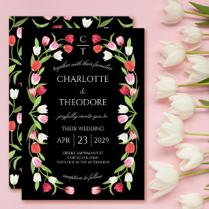 Romantic Spring Tulip Floral Pink & Black Wedding Invitation