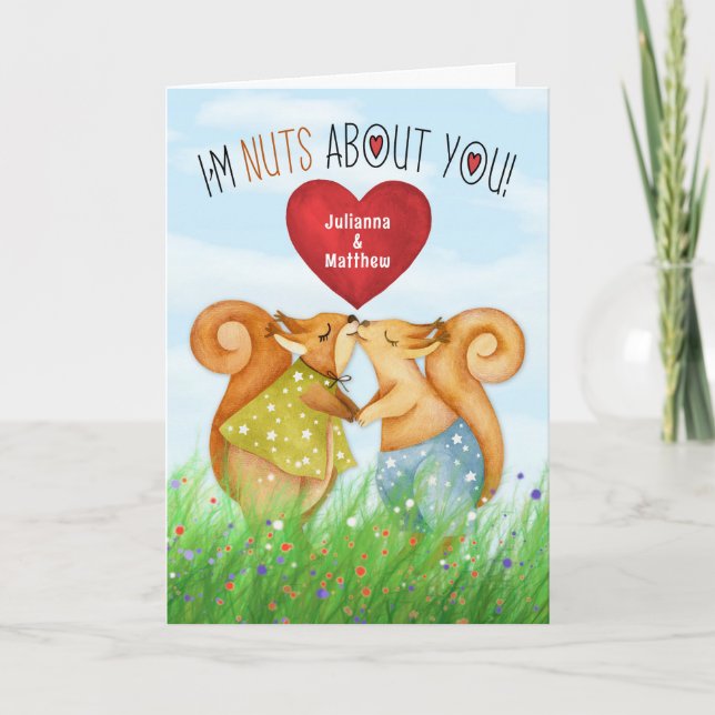 Romantic Squirrels Nuts About You with Names Holiday Card (Front)