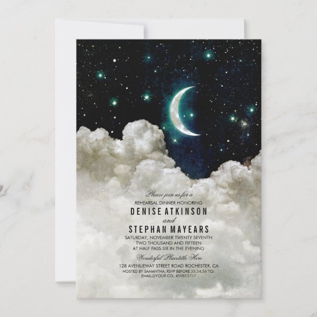 Romantic Stars and Moon Rehearsal Dinner Invitation (Front)