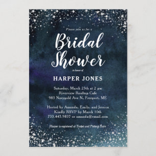 Romantic Stars Navy Blue Silver Bridal Shower Invitation