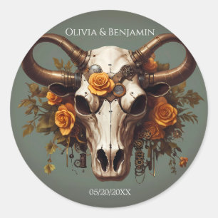 Romantic Steampunk Floral Cow Skull Wedding Classic Round Sticker