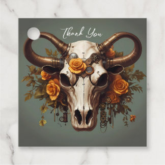 Romantic Steampunk Floral Cow Skull Wedding Favour Tags