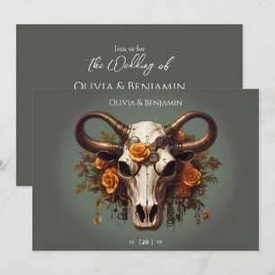 Romantic Steampunk Floral Cow Skull Wedding Invitation