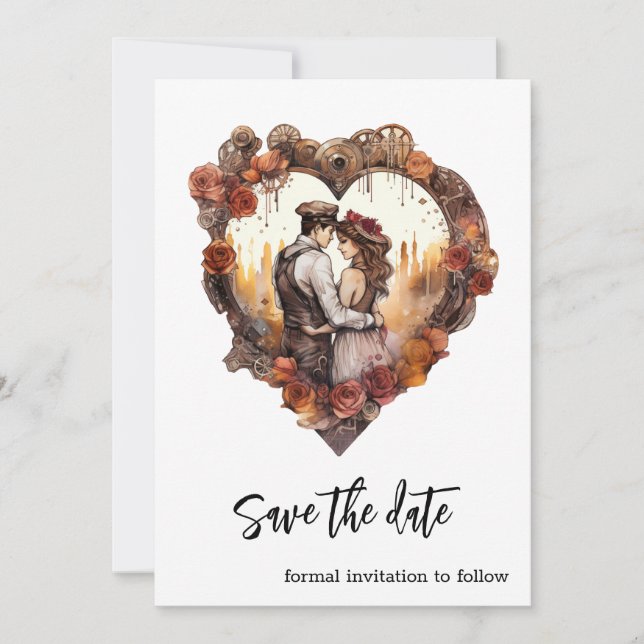 Romantic Steampunk Wedding Heart Save The Date (Front)
