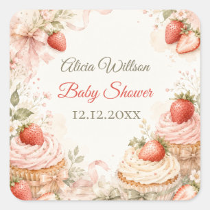 Romantic Strawberry Baby Shower Square Sticker