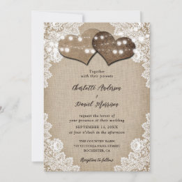 Romantic String Lights Burlap and Lace Wedding Invitation
