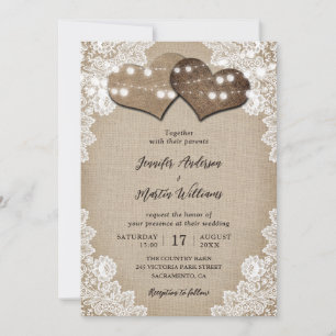 Romantic String Lights Burlap and Lace Wedding Invitation