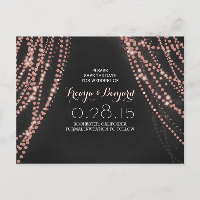 romantic string lights chalkboard save the date announcement postcard (Front)