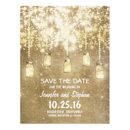 romantic string lights mason jars save the date postcard Zazzle