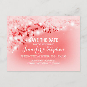 romantic string lights pink save the date postcard