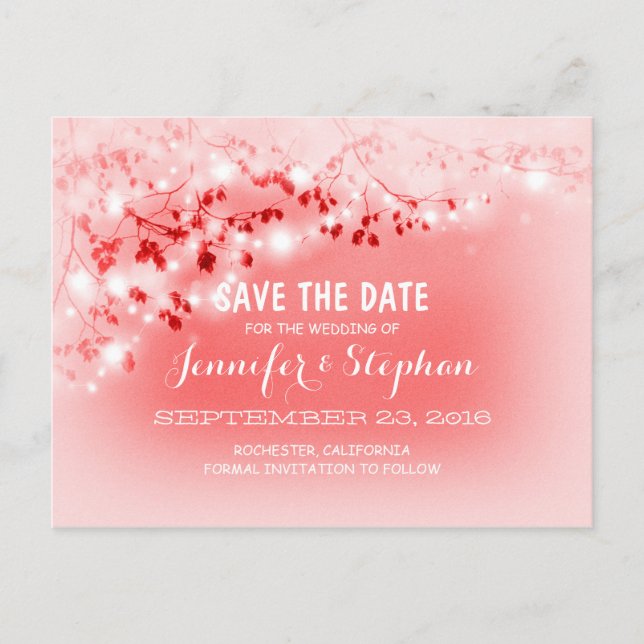 romantic string lights pink save the date postcard (Front)