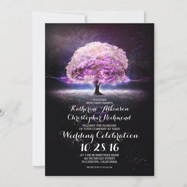 romantic string lights tree purple wedding invites (Front)