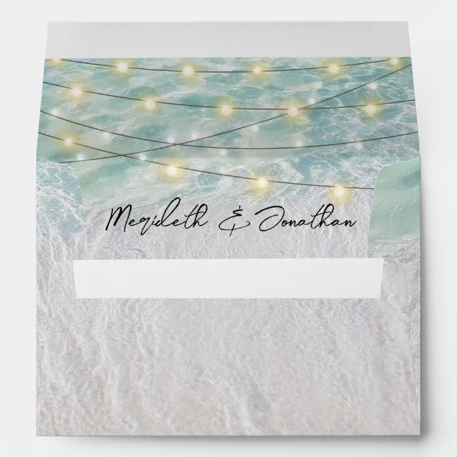Romantic String Lights Your Names Beach Wedding Envelope (Back (Bottom))