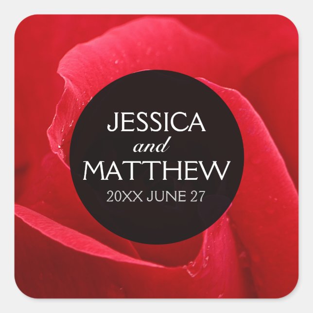 Romantic Stylish Red Rose Floral Wedding Square Sticker (Front)