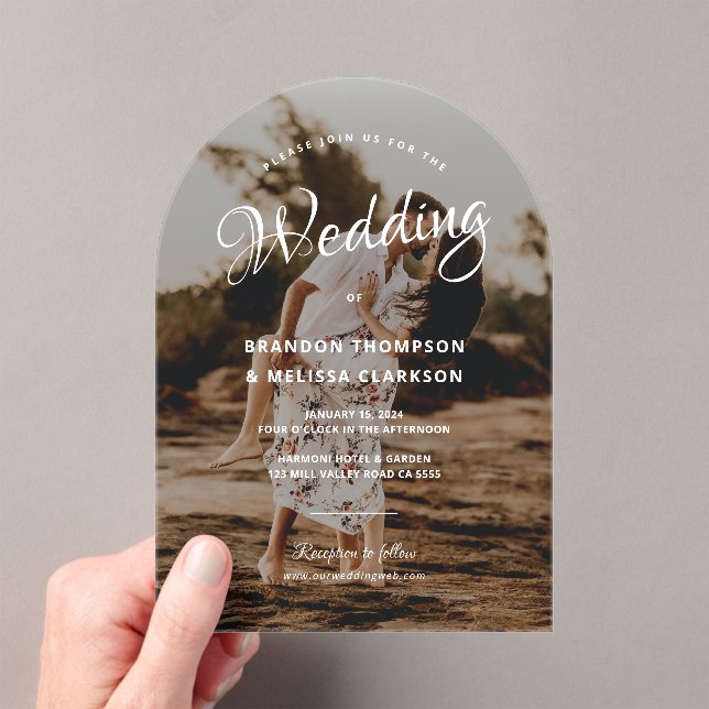 Romantic Stylish Script Overlay Photo Wedding Acrylic Invitations (Insitu (Handheld))