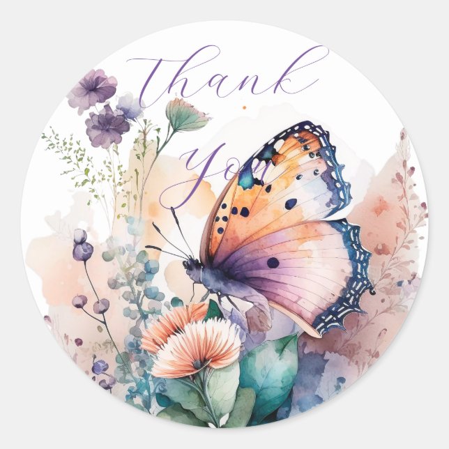 Romantic summer butterfly thank you  classic round sticker (Front)