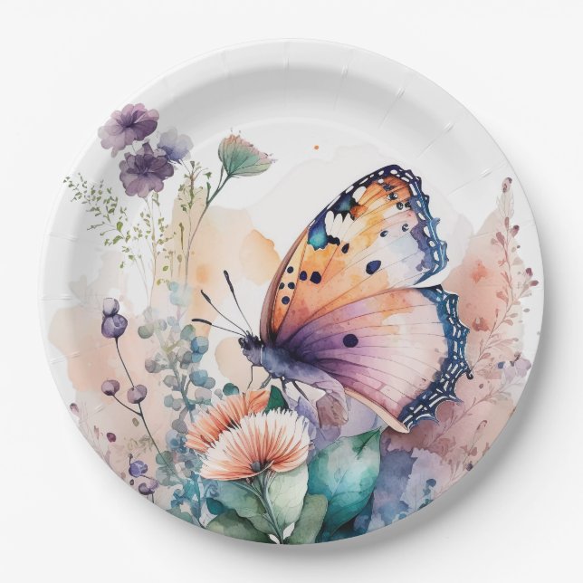 Romantic summer flowers and butterfly  paper plate (Front)