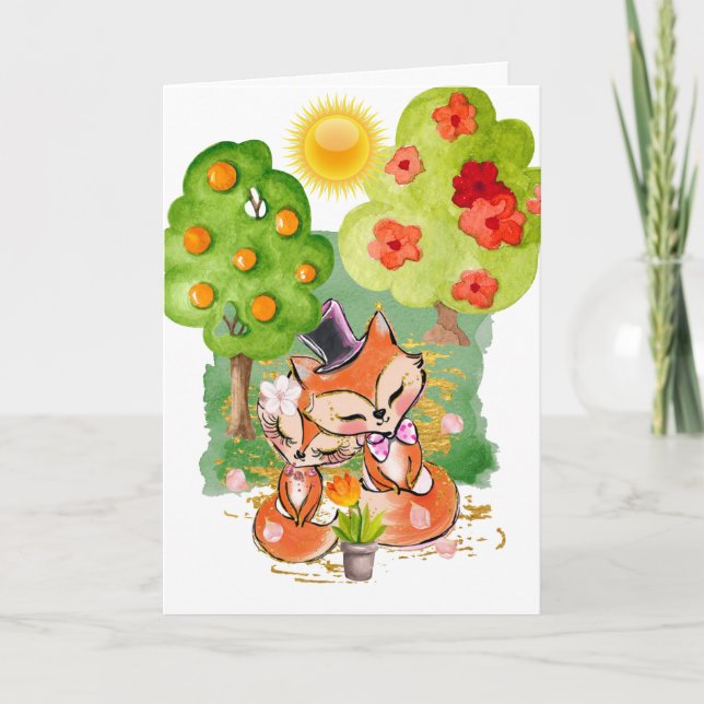 Romantic summer fox couple woodland wedding card (Front)