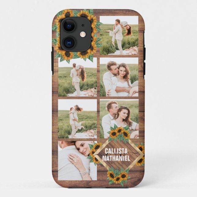 Romantic Sunflower Gold White Couple Photo Collage Case-Mate iPhone Case (Back)