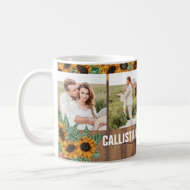 Romantic Sunflower Gold White Couple Photo Collage Coffee Mug (Left)