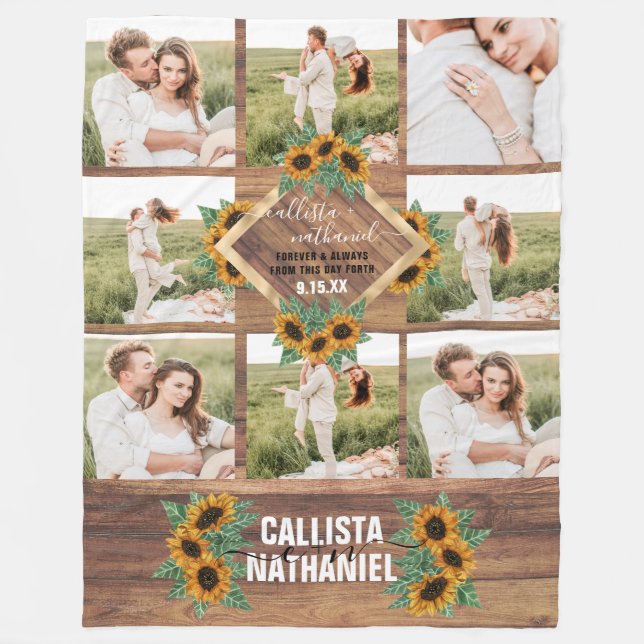 Romantic Sunflower Gold White Couple Photo Collage Fleece Blanket (Front)