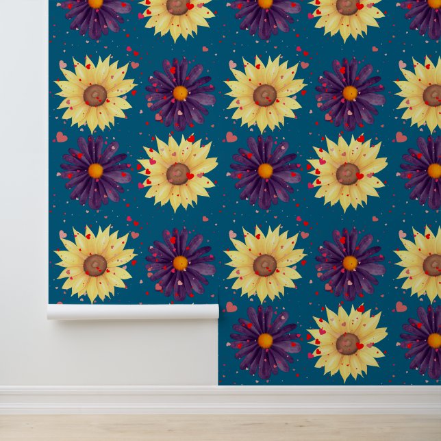 Romantic Sunflower Heart Teal Textured Wallpaper (Application)