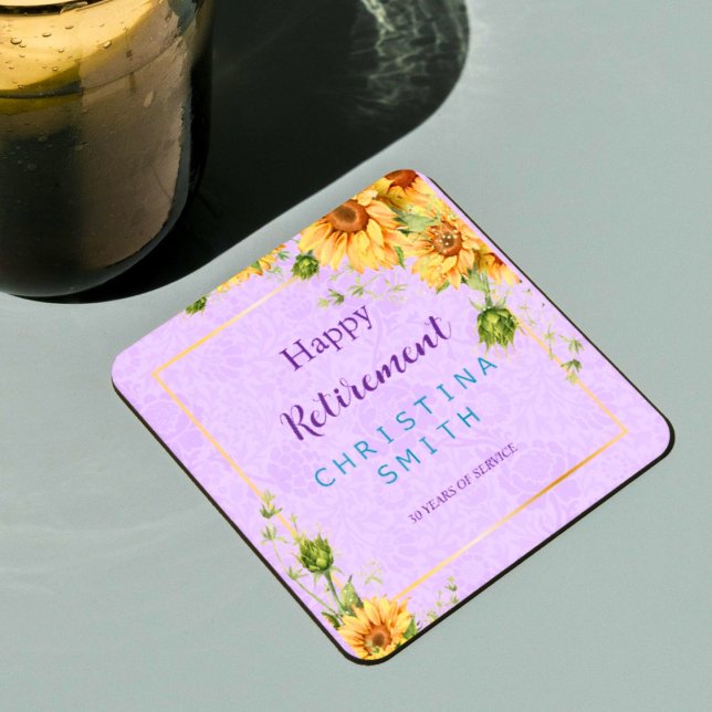 Romantic Sunflower Watercolor Retirement Party Square Paper Coaster (Romantic Sunflower Watercolor Retirement Party)