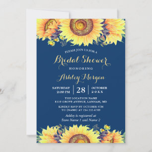 Romantic Sunflowers Rustic Navy Blue Bridal Shower Invitation